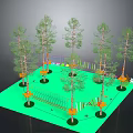 Outdoor Play Area With Pine Trees Green Surface Climbing Structures And Colorful Equipment