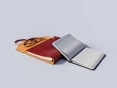 Elegant Golden Leather Bag with Red Cover Notebook and Open White Pages 3d model