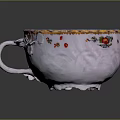 White Ceramic Cup With Lavender Rim Gold Trim Peony Patterns And Red Accents