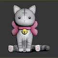 Black Reflective Table Surface With Gray Plush Cat Doll And Pink Bow 3d model