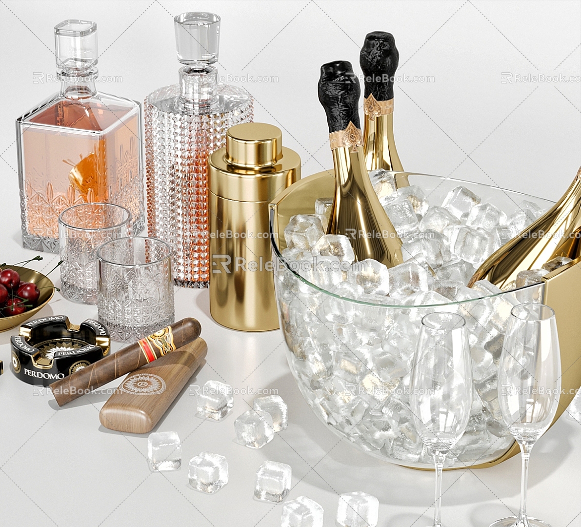 Whiskey and Champagne Cocktail Wine Bottle Liquor Whiskey Champagne Ashtray Ice Cocktail Glass Wine Bottle Fruit 3d model