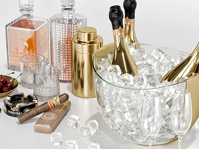 Luxury Wine Bottles and Glasses with Ice Bucket and Accessories 3d model