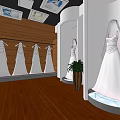 Elegant Bridal Shop Interior With Wedding Dresses Wooden Displays And Illuminated Showcase