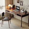 Cozy Home Office With Wooden Desk Chair Laptop Lamp Books And Vase Plants