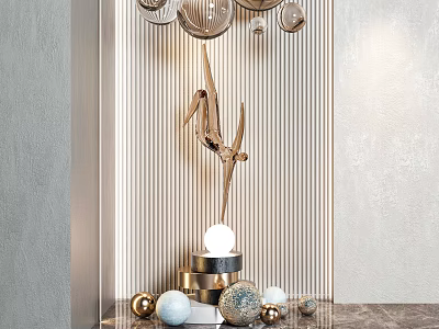 Contemporary Metal Sculpture Display With Decorative Spheres And Striped Wall Background 3d model