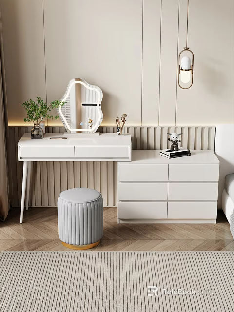Modern White Dressing Table Interior With Round Mirror Drawers And Stool 3d model 