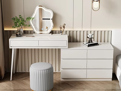Modern White Dressing Table Interior With Round Mirror Drawers And Stool 3d model