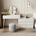 Modern White Dressing Table Interior With Round Mirror Drawers And Stool 3d model
