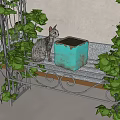 Gray Cat Sitting On Ornate Iron Railing Beside Blue Box And Green Vines