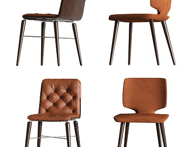 Modern Brown Leather Upholstered Dining Chairs With Wooden Legs And Tufted Design 3d model