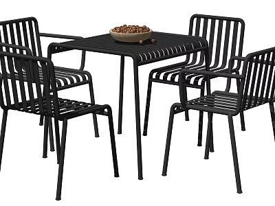 Modern Metal Dining Set With Square Table Four Slatted Back Chairs And Decorative Bowl 3d model