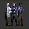 Three Diverse Game Movie Characters Animated Designs With White Coat Blue Uniform Helmet Different Poses