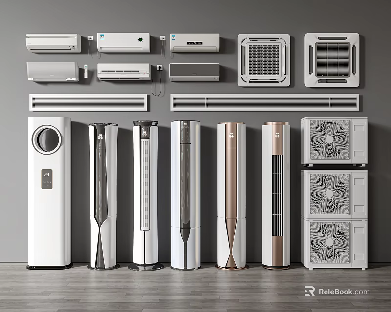 Various Types of Air Conditioners and Fans Including Wall Mounted Floor Standing and Window Units 3d model 