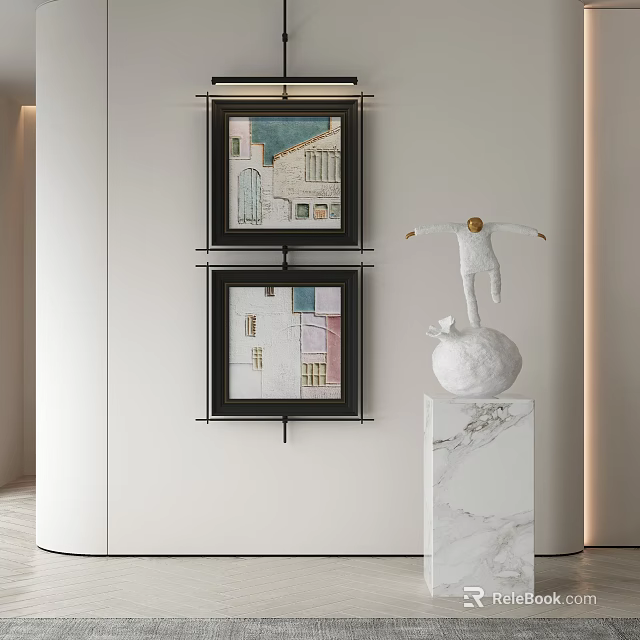 Human Figure Sculpture Standing On White Sphere On Marble Pedestal With Framed Paintings 3d model 