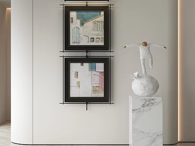 Human Figure Sculpture Standing On White Sphere On Marble Pedestal With Framed Paintings 3d model