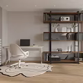 White Desk Interior With Black Laptop White Chair Wooden Shelf Green Plant And Patterned Rug