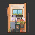 Miniature Urban Building Model With Orange White Walls Windows Lanterns And Entrance Decorations