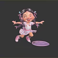 3D Cartoon Woman With Pigtails Colorful Ribbons White Pink Dress Arms Outstretched On Purple Object