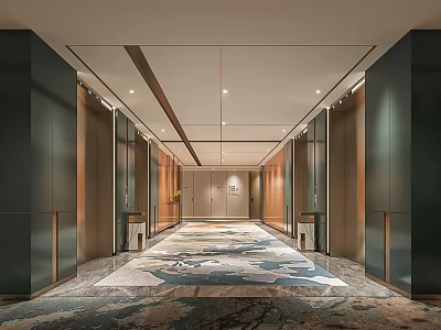 Elegant Modern Hotel Corridor With Wooden Panels Decorative Carpet And Ceiling Lights 3d model