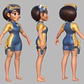 Cartoon Female Character Wearing Blue And Yellow Jumpsuit With Goggles Tool Belt Three Standing Views