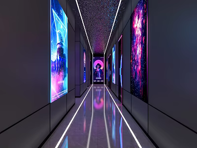 Modern KTV Corridor Design With Neon Lighting LED Screens And Reflective Floors 3d model