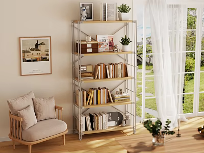 Modern Metal Frame Bookcase with Wooden Shelves Books Photos and Plants Near Armchair and Window 3d model