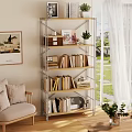 Modern Metal Frame Bookcase with Wooden Shelves Books Photos and Plants Near Armchair and Window
