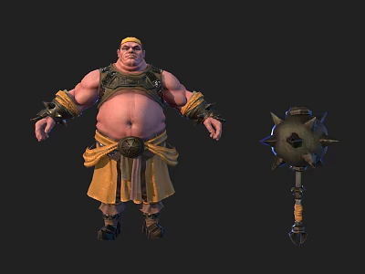 Muscular Armored Creature Character With Yellow Headscarf Sash And Spiked Hammer Weapon 3d model