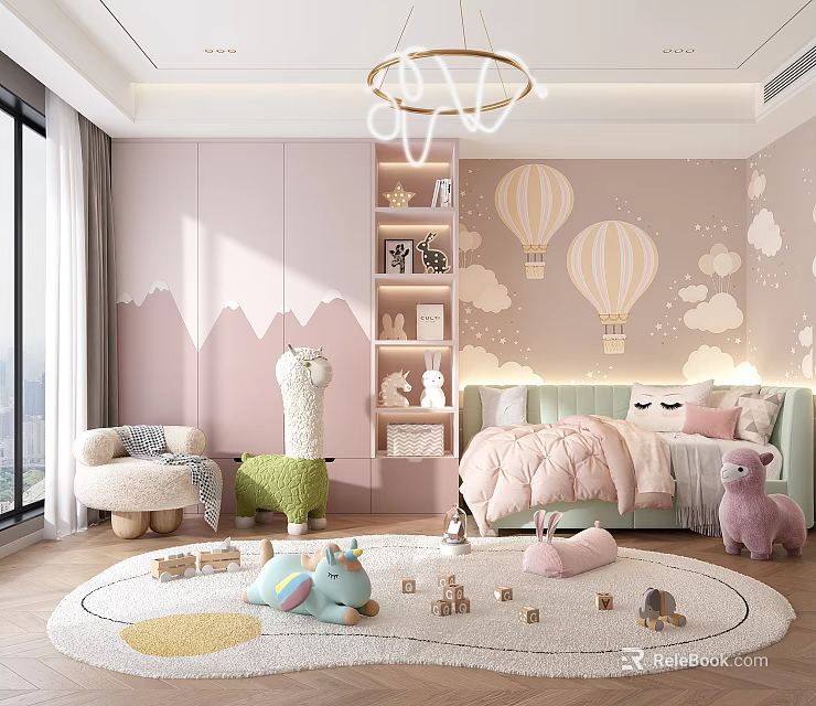 Pastel Pink Kids Room With Hot Air Balloon Murals And Toys 3d model 
