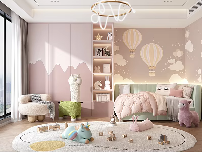 Pastel Pink Kids Room With Hot Air Balloon Murals And Toys 3d model
