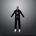 Man In Black Jacket And Pants With White Gloves Shoes Glasses Standing In Gray Background