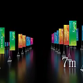 Colorful Vertical Banners With Various Heights 5m 7m 10m On Black Background And Reflections