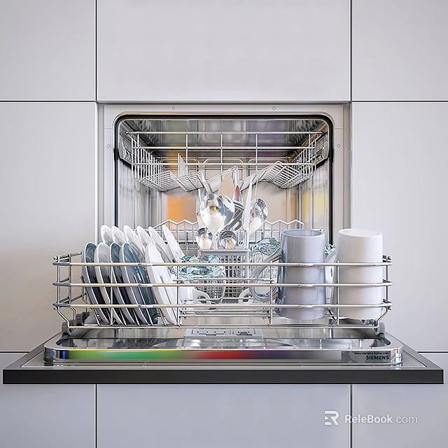 Kitchen Dishwasher Loaded With Complete Clean Cutlery Set Plates Bowls Cups 3d model 