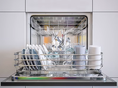 Kitchen Dishwasher Loaded With Complete Clean Cutlery Set Plates Bowls Cups 3d model