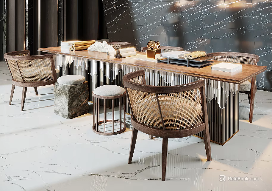 Modern Wooden Desk With Metal Frame And Woven Rattan Chairs And Decorative Items 3d model 