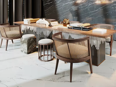 Modern Wooden Desk With Metal Frame And Woven Rattan Chairs And Decorative Items 3d model