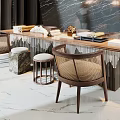 Modern Wooden Desk With Metal Frame And Woven Rattan Chairs And Decorative Items
