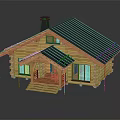 Wooden Cabin Exterior With Black Roof Chimney And Front Porch Steps