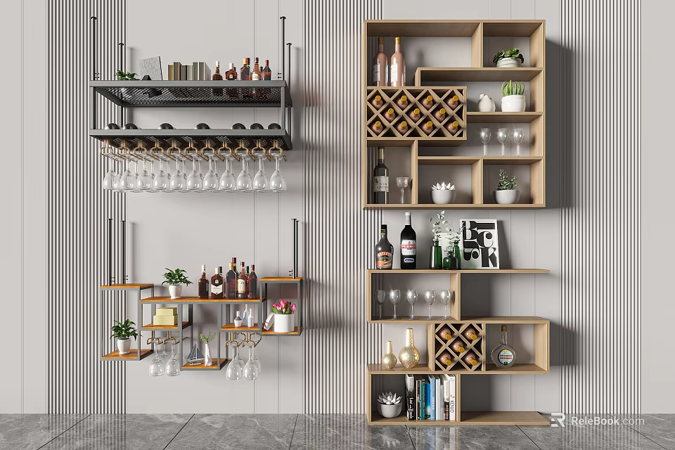 Wine Cabinet Interior With Multiple Storage Shelves Wine Bottles Glasses And Decorative Plants 3d model 