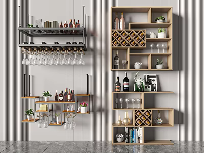 Wine Cabinet Interior With Multiple Storage Shelves Wine Bottles Glasses And Decorative Plants 3d model