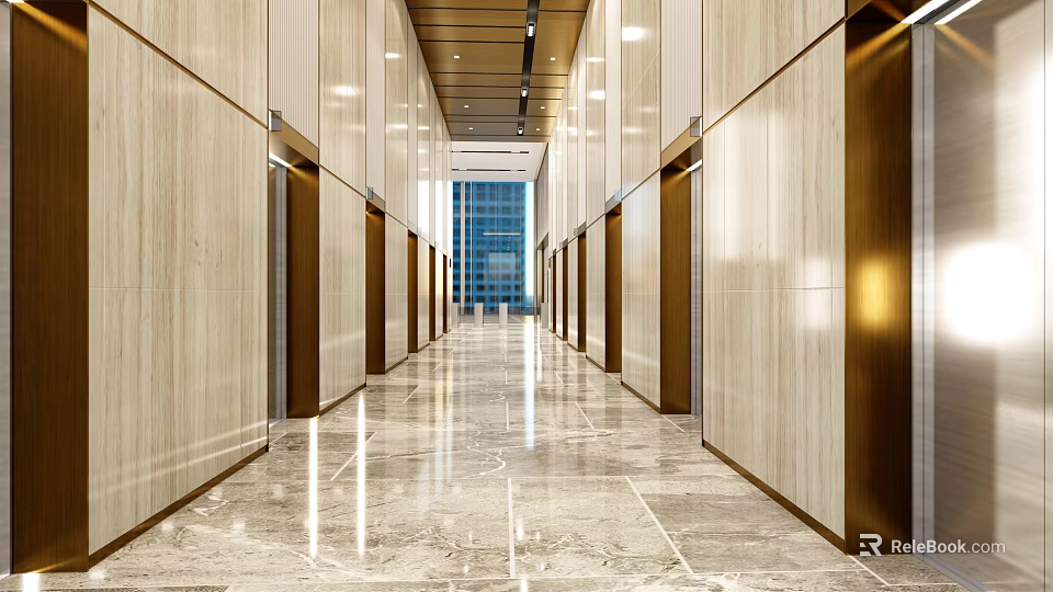 Modern Elevator Hallway Interior Design With Marble Floor And Recessed Lighting 3d model