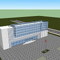 Modern Office Building With Glass Curtain Wall Red Flag Trees People And Parked Cars