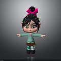 Cute Cartoon Child With Pink Bow Colorful Glitter Hair Green Hoodie Brown Skirt Arms Outstretched