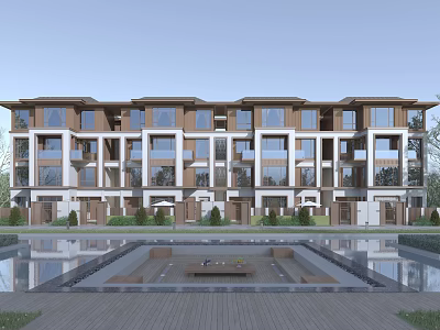 Modern Townhouse Exterior Design With Multiple Windows Front Courtyard And Water Feature 3d model