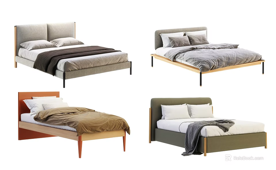 Modern Double Bed Designs With Gray Brown Green Headboards And Bedding 3d model