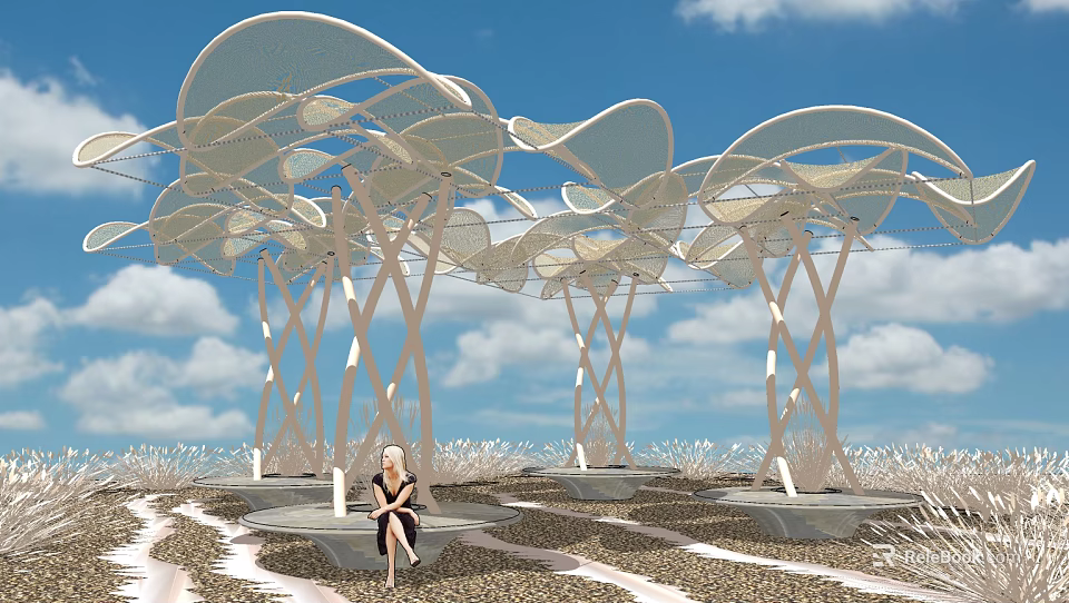 Tensile Membrane Structures with Tree Like Supports in Outdoor Seating Area Under Blue Sky 3d model 