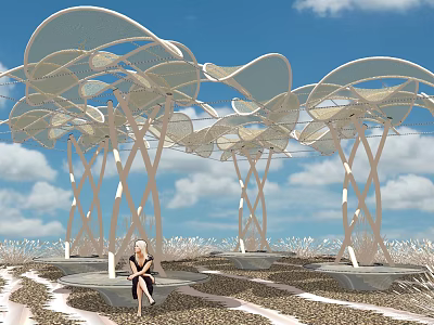 Tensile Membrane Structures with Tree Like Supports in Outdoor Seating Area Under Blue Sky 3d model