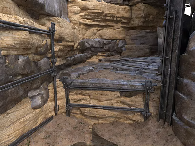Rustic Stone Wall Interior With Metal Frame Structure And Narrow Passageway 3d model