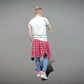 Man In White T-Shirt Blue Jeans And Red Plaid Shirt Extending Hand On Gray Background