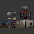 Cartoon Scene with Tower Dome Structure Satellite Dish Solar Panels Colorful Roofs Decorations and Wooden Fence